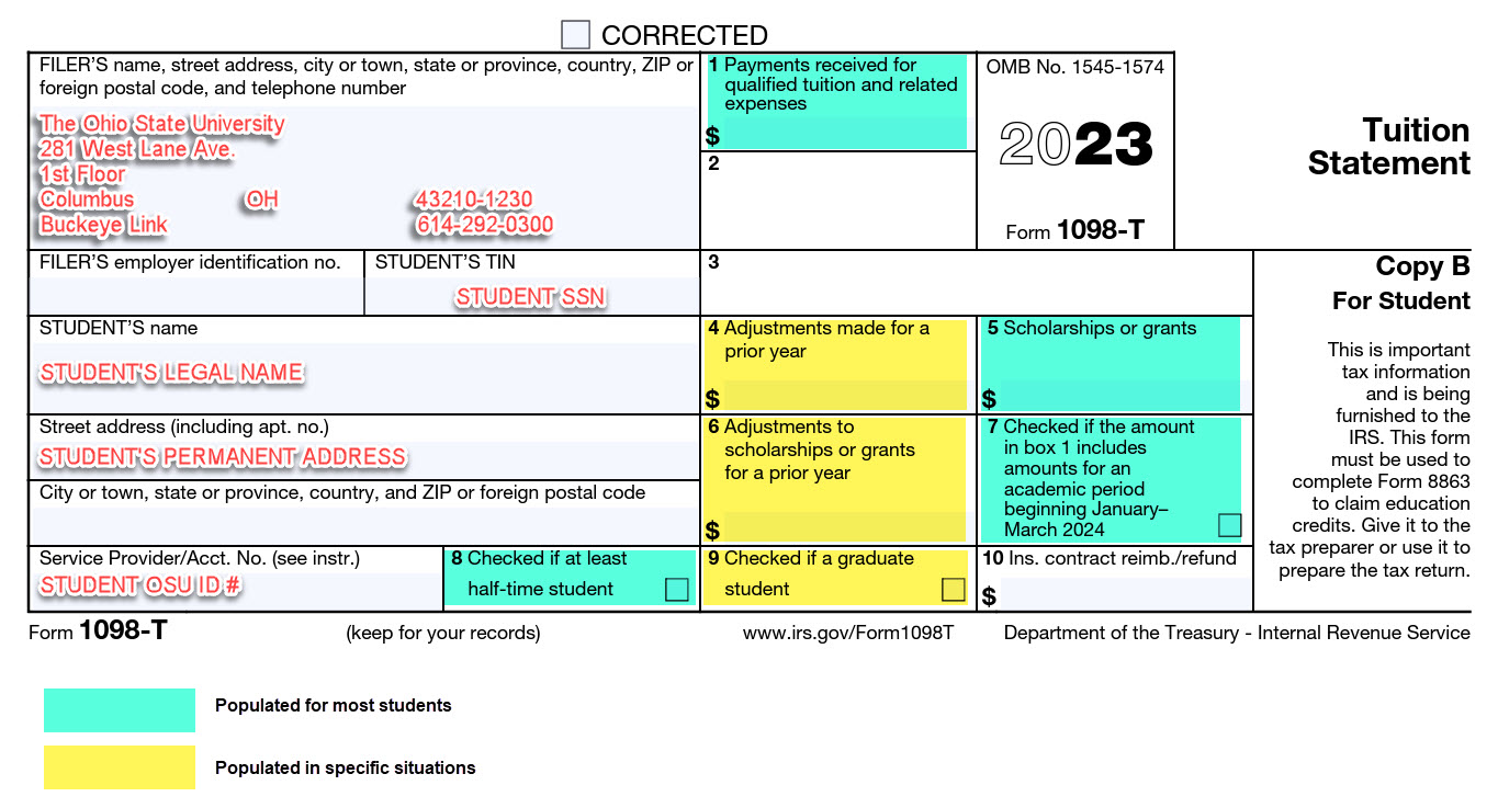 Sample image of Form 1098-T for calendar year 2023.